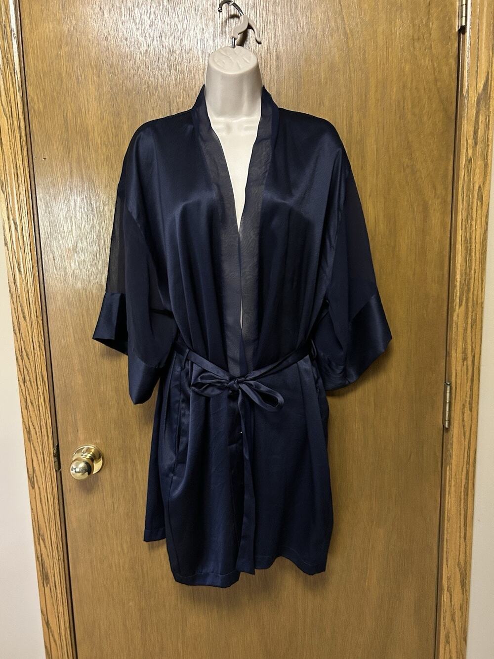 VTG Victoria’s Secret OS GOLD LABEL Kimono Robe Satin Navy Blue SHEER SLEEVE E26